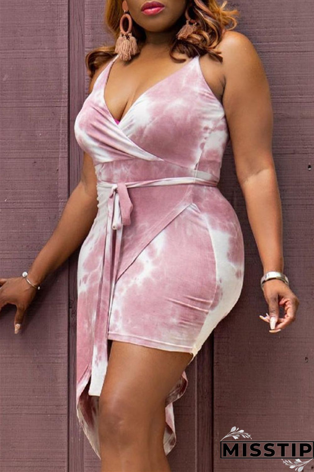 Light Blue Fashion Sexy Plus Size Print Tie Dye Bandage Spaghetti Strap Irregular Dress