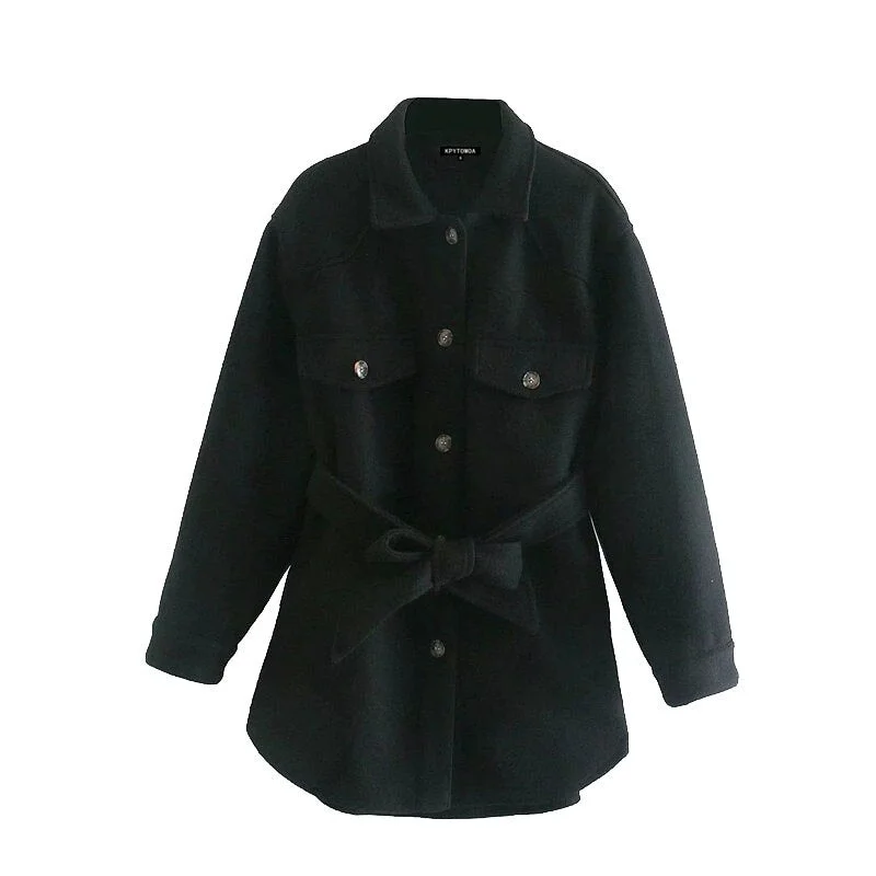 KPYTOMOA Women 2021 Fashion With Belt Loose Woolen Jacket Coat Vintage Long Sleeve Side Pockets Female Outerwear Chic Overcoat