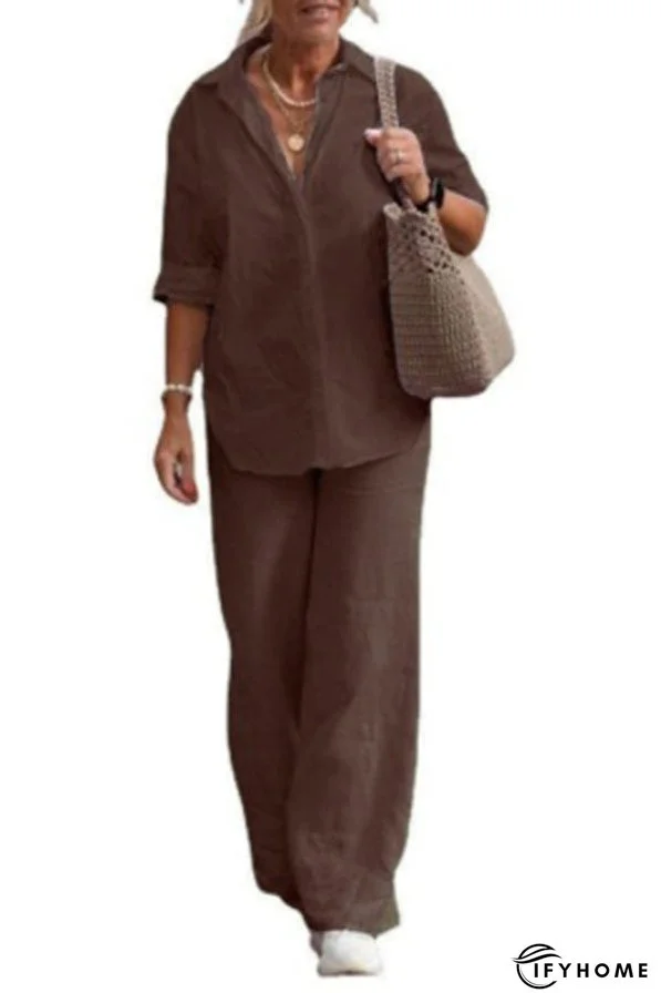 Solid Color Casual Long-sleeved Shirt and Elastic Waisted Loose Wide-leg Pants Set | IFYHOME