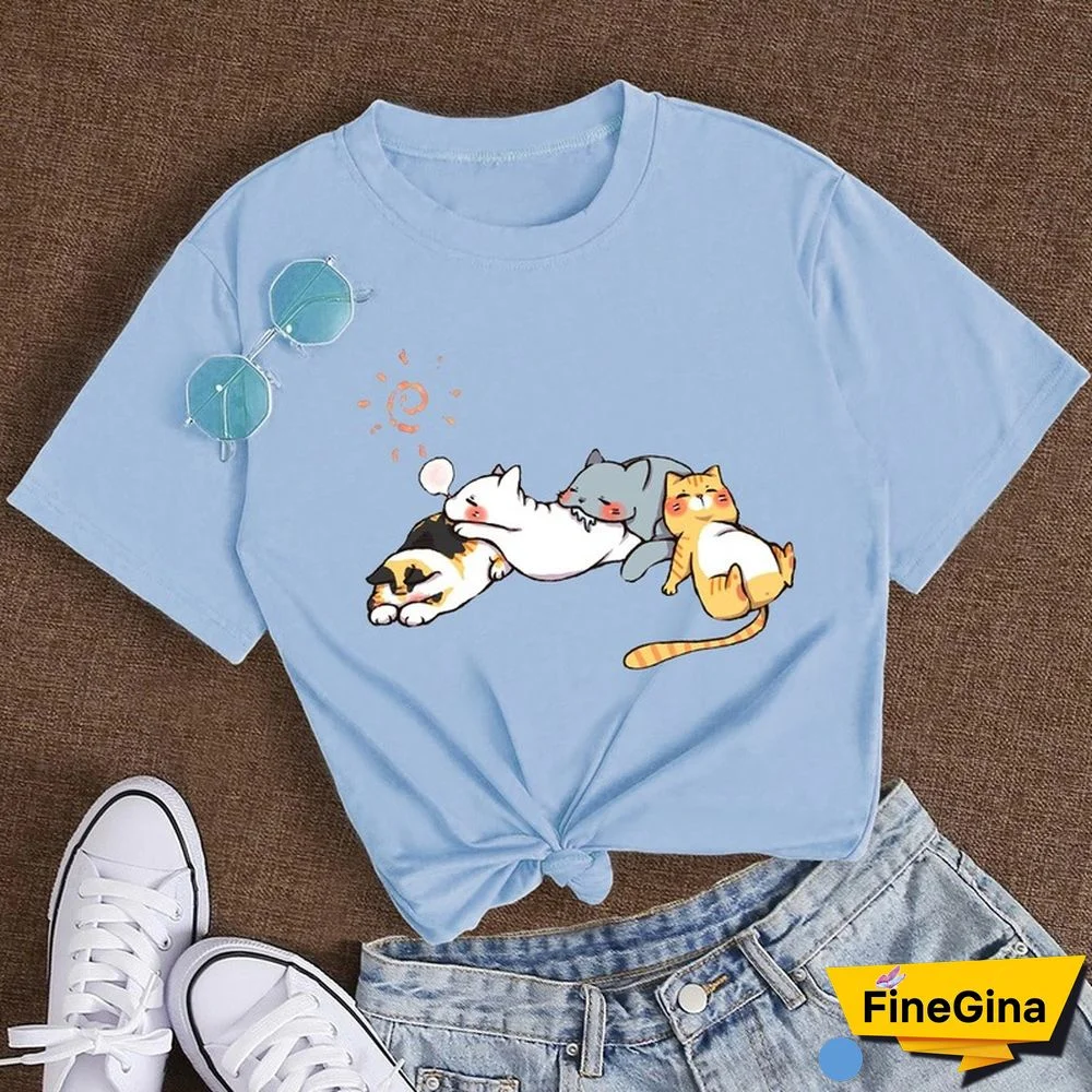 Cotton 100% Women's T Shirt Summer Short Sleeve Nap Cat Print Fashion Kawaii Female Clothes Casual O-Neck Tshirt Ladies Tee Tops