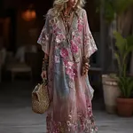 Vintage Boho Roses Embroidered Art Gradient V Neck Maxi Dress - Image 2