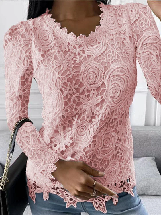Women Long Sleeve Scoop Neck Solid Color Lace Tops