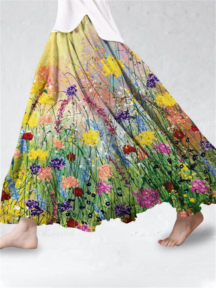 Wild Flowers Oil Painting Flowy Linen Blend Wide Skirt