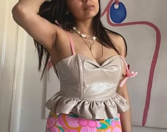 pornhint Pornhint Kamia Corset Top Nude | Patent Gingham Lined Tie Up Back Detail Frill Hem Boned Front Tie Up Straps