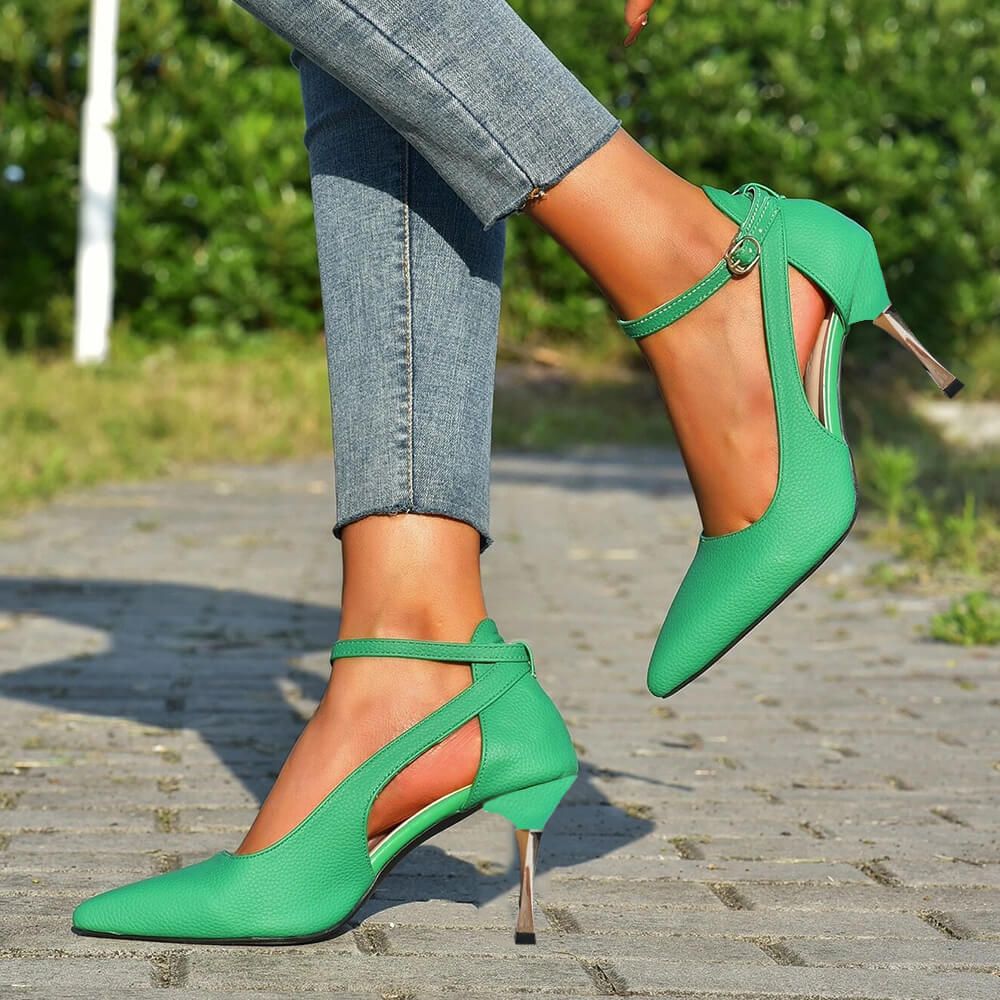 Green Pointed Toe Ankle Strap Pumps Shoes with Sculptural Heel Nicepairs