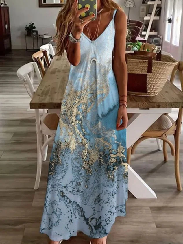 Casual Sea Sleeveless V Neck Printed beach dresses