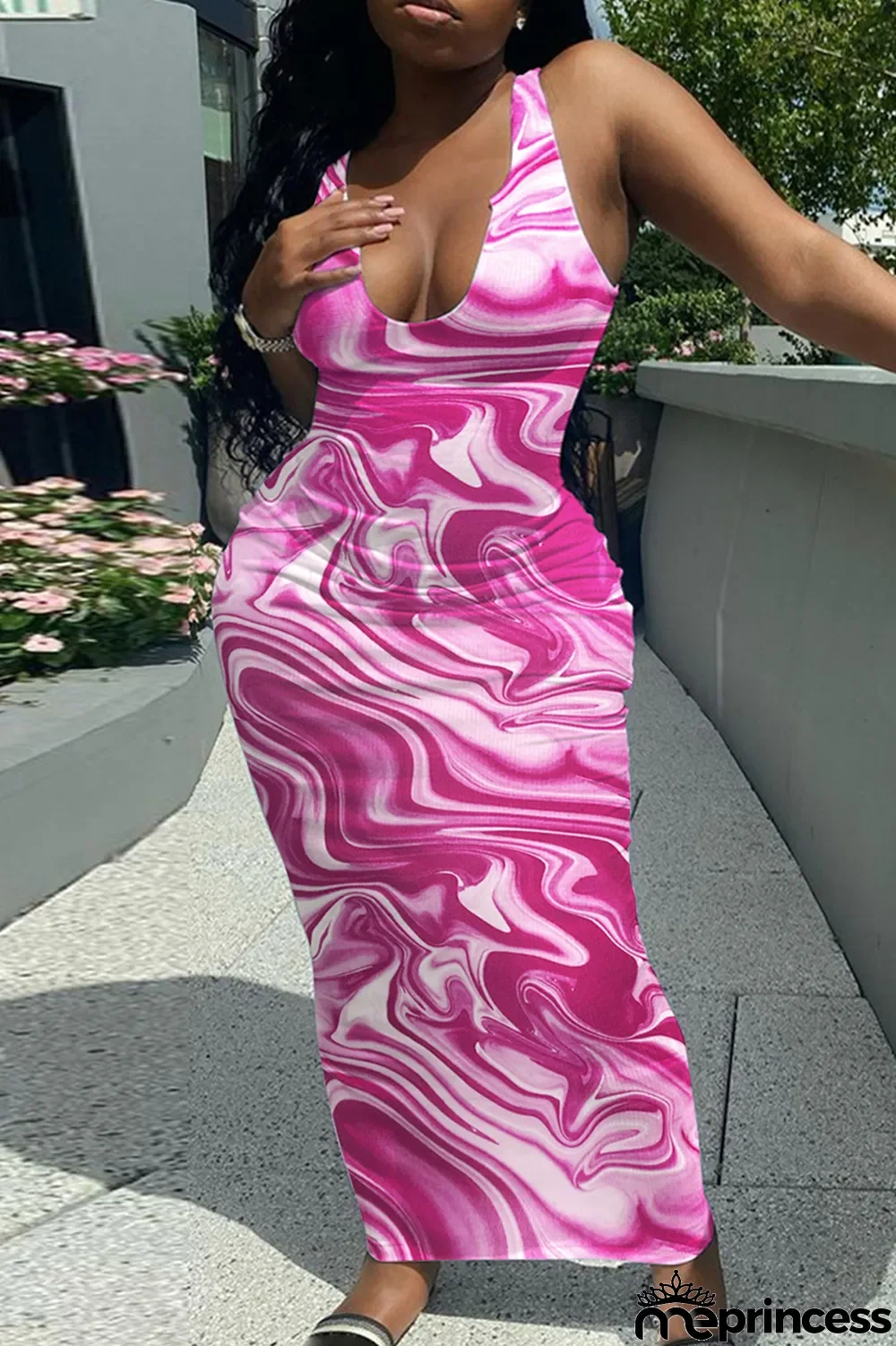 Rose Red Sexy Casual Print Basic U Neck Vest Dress Dresses