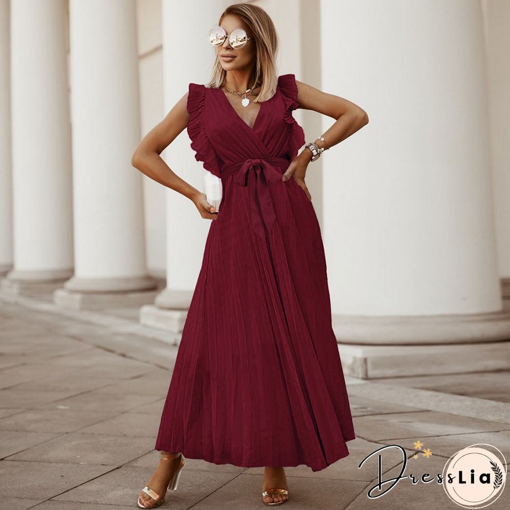 New Summer Solid Color Sleeveless Pleated Chiffon Dress Slim Temperament Dress Belt Tie Temperament Women's Dress White Dress