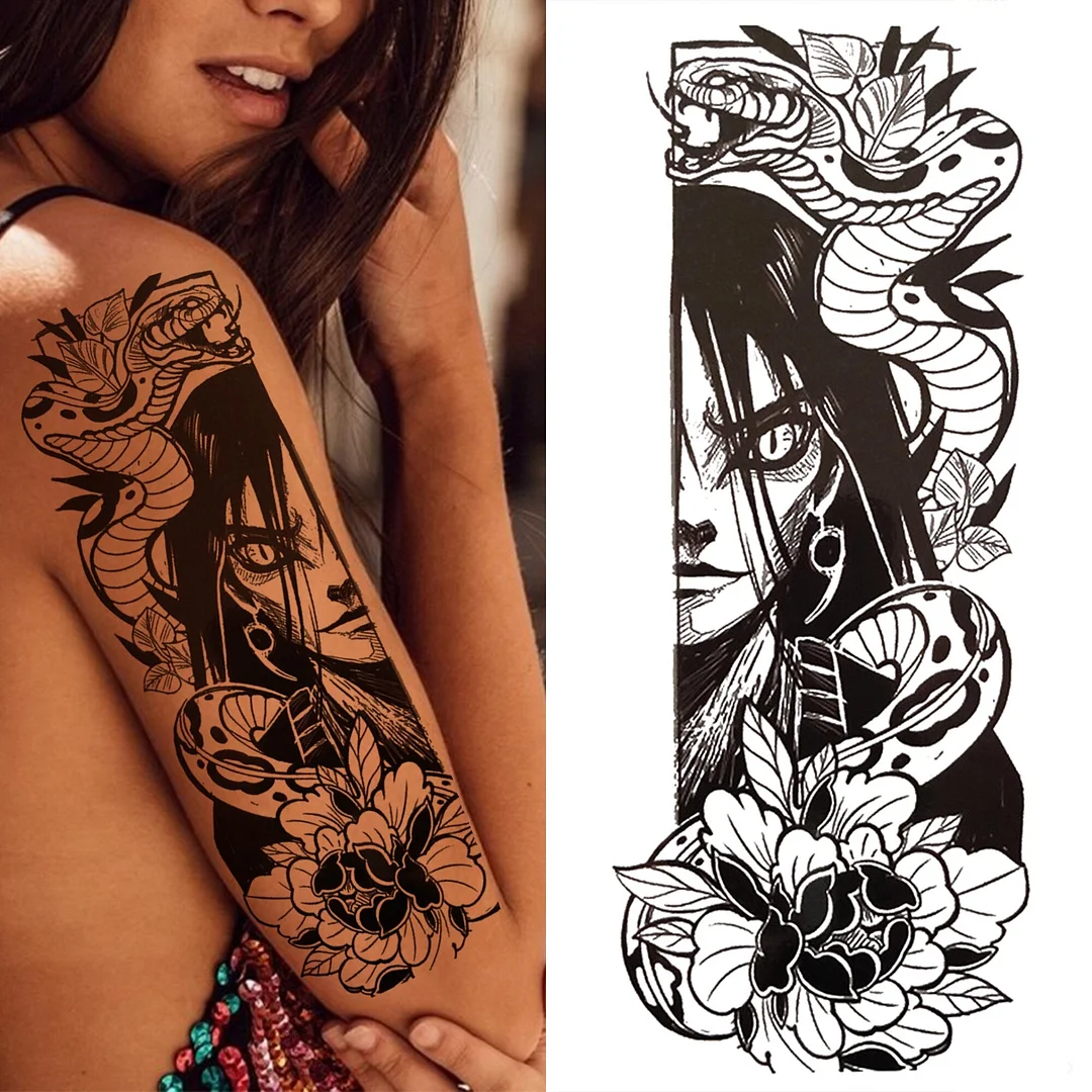 Compass Half Sleeve Temporary Tattoos For Women Men Adult Black Cross Tattoo Sticker Realistic Fake Lion Tatoo Bird Clock Flower