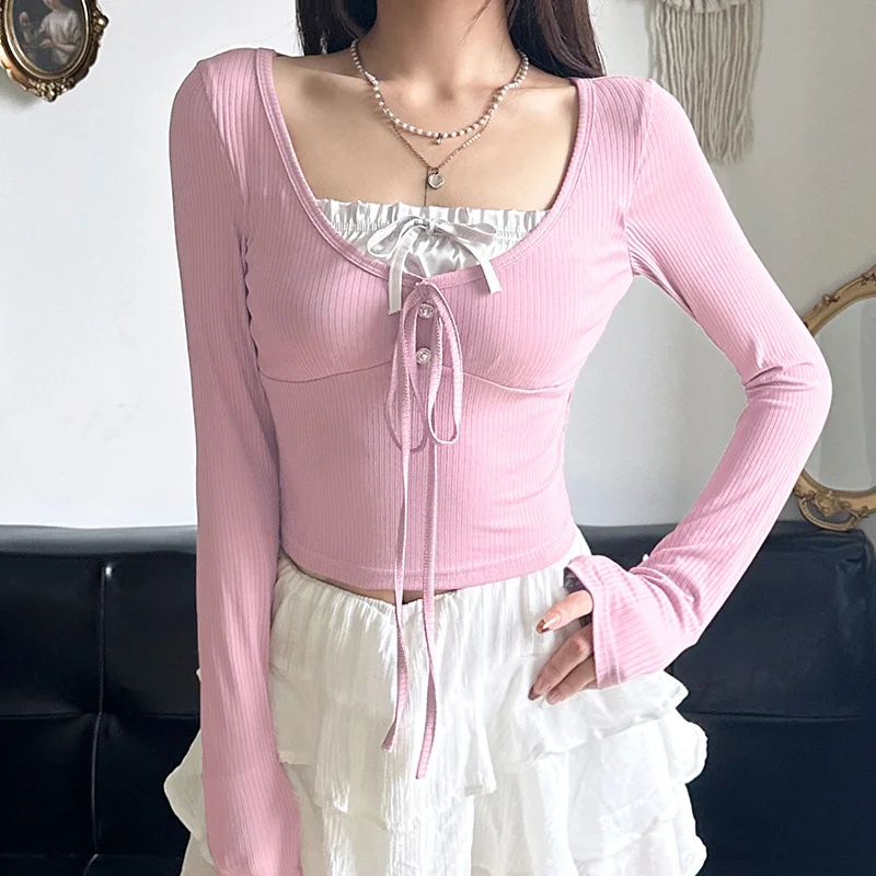 Ueong Autumn Fake Two Pure Sweet And Spicy Style Long-Sleeved T-Shirts INS Minority Sweet Young Girls Feel Bow Tie Blouse