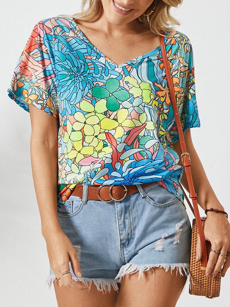 Calico Print Short Sleeve V neck T Shirt For Women P1832704