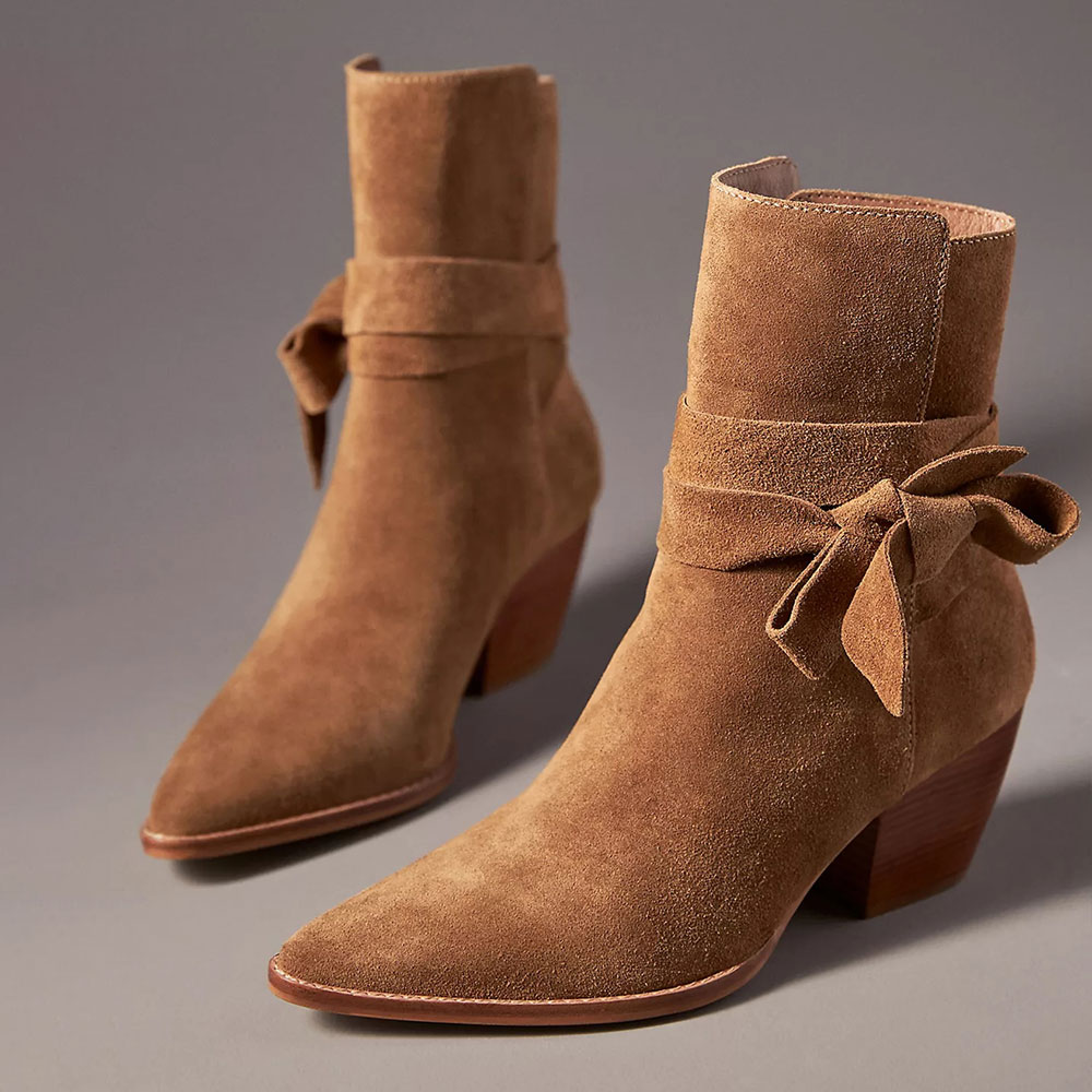 Brown Ankle Strappy Almond Toe Chunky Heel Short Boots for Women Nicepairs