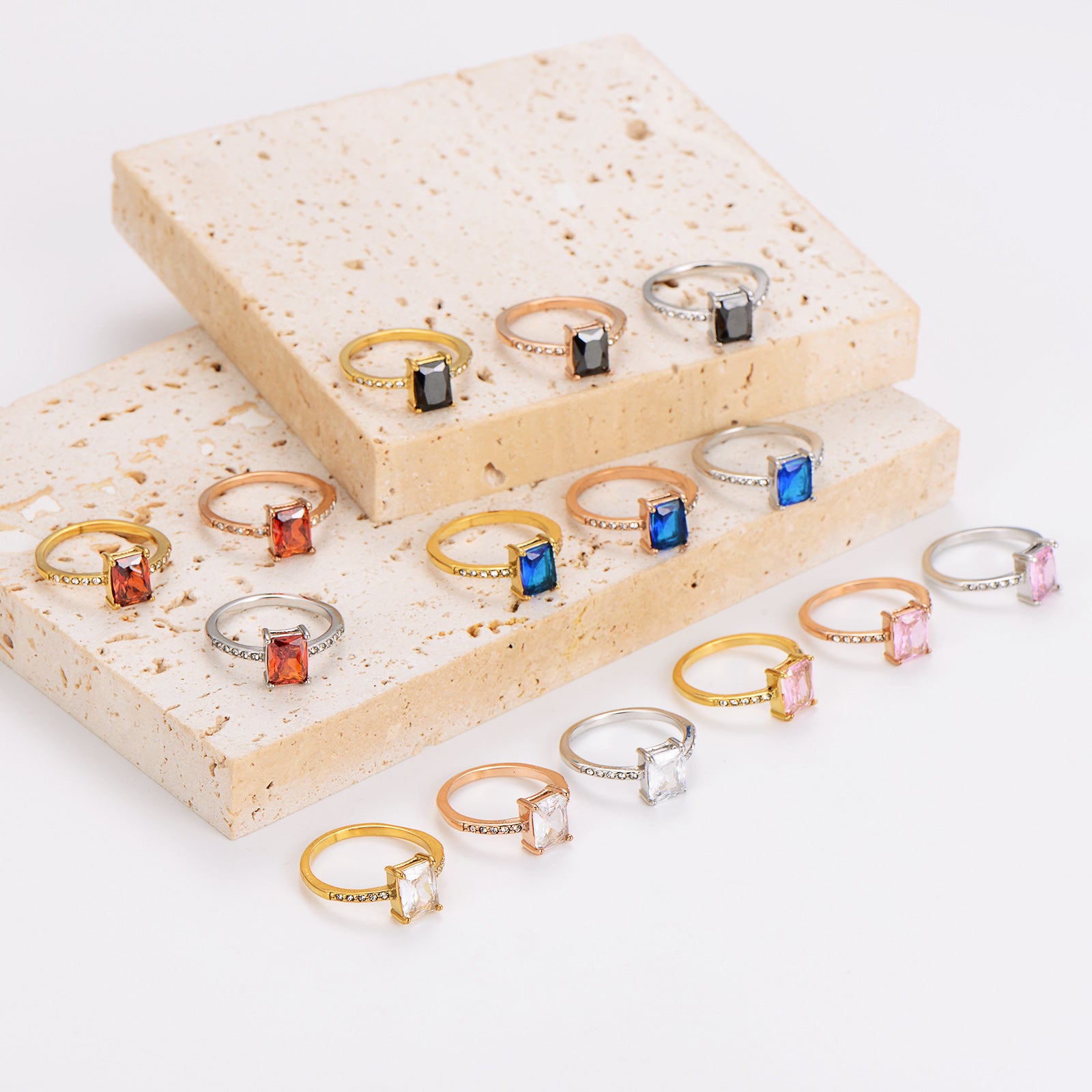 Aml Stainless Steel Square Zircon Ring Versatile Color Ring Female Stainless Steel