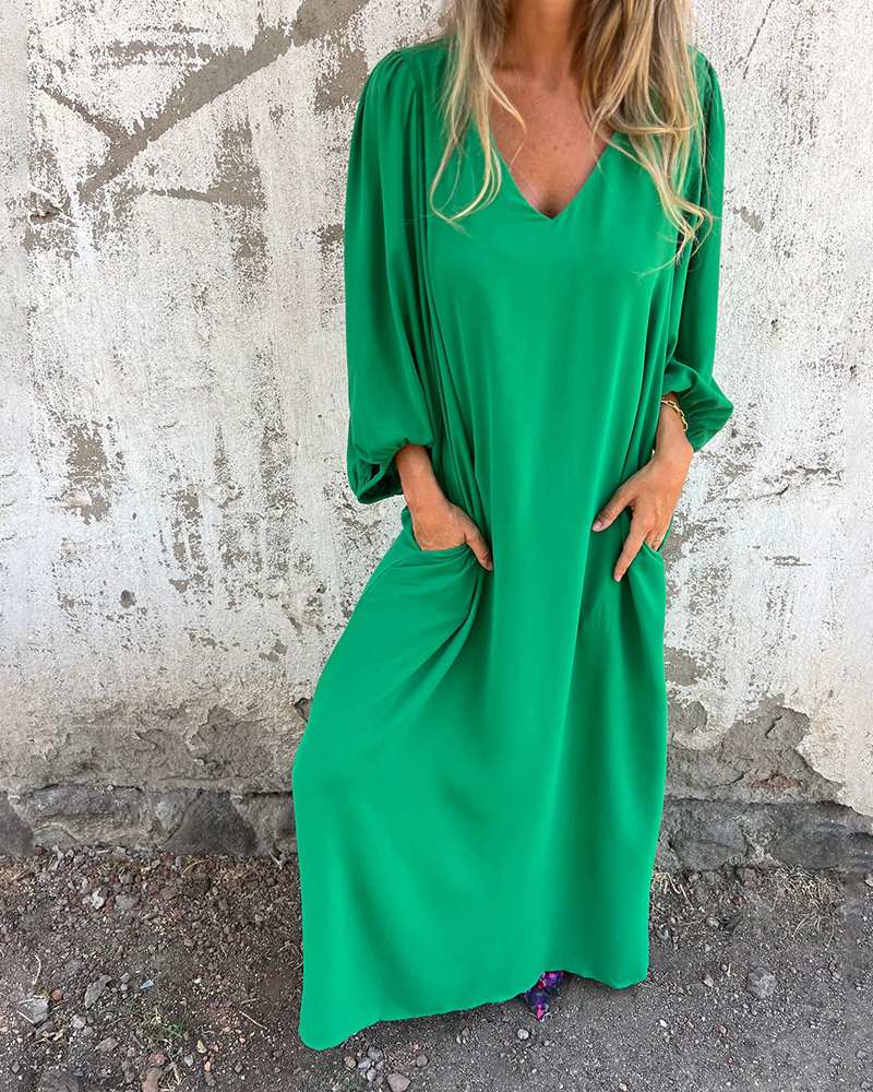 Balloon Sleeve V Neck Solid Color Side Pockets Loose Maxi Dress