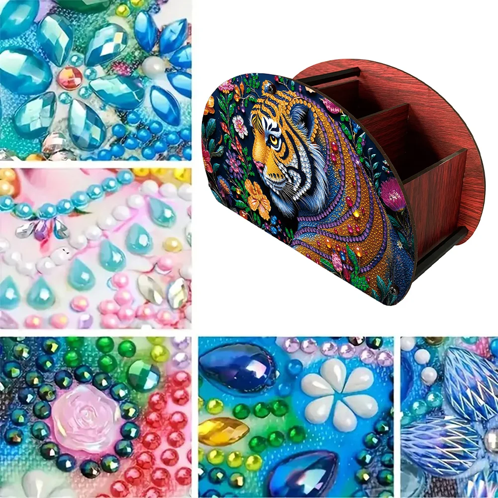 DIY Gem Tiger Design Wooden Diamond Painting Makeup Brush Storage Box Organizer