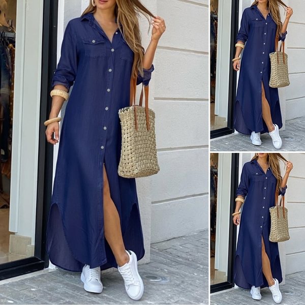 Damen Lässig Kleid Shirtkleid Denim Jeanskleid Plus Knopf Longshirt Dress Long Maxi Dress - BlackFridayBuys