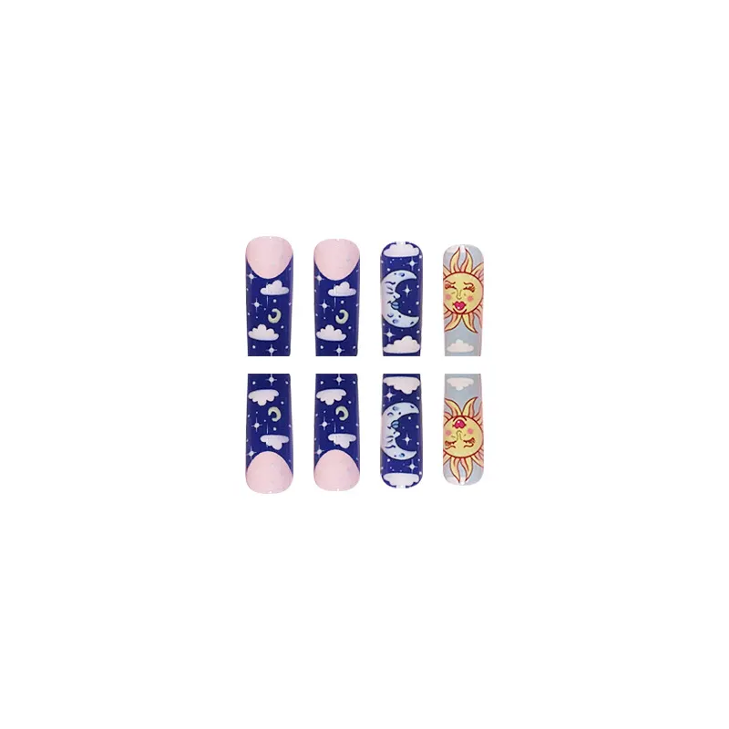 Churchf Ballet Nail Blue Sun Moon French Fake Nails Light Pink Fairy Ins Wind Nail Piece Removable