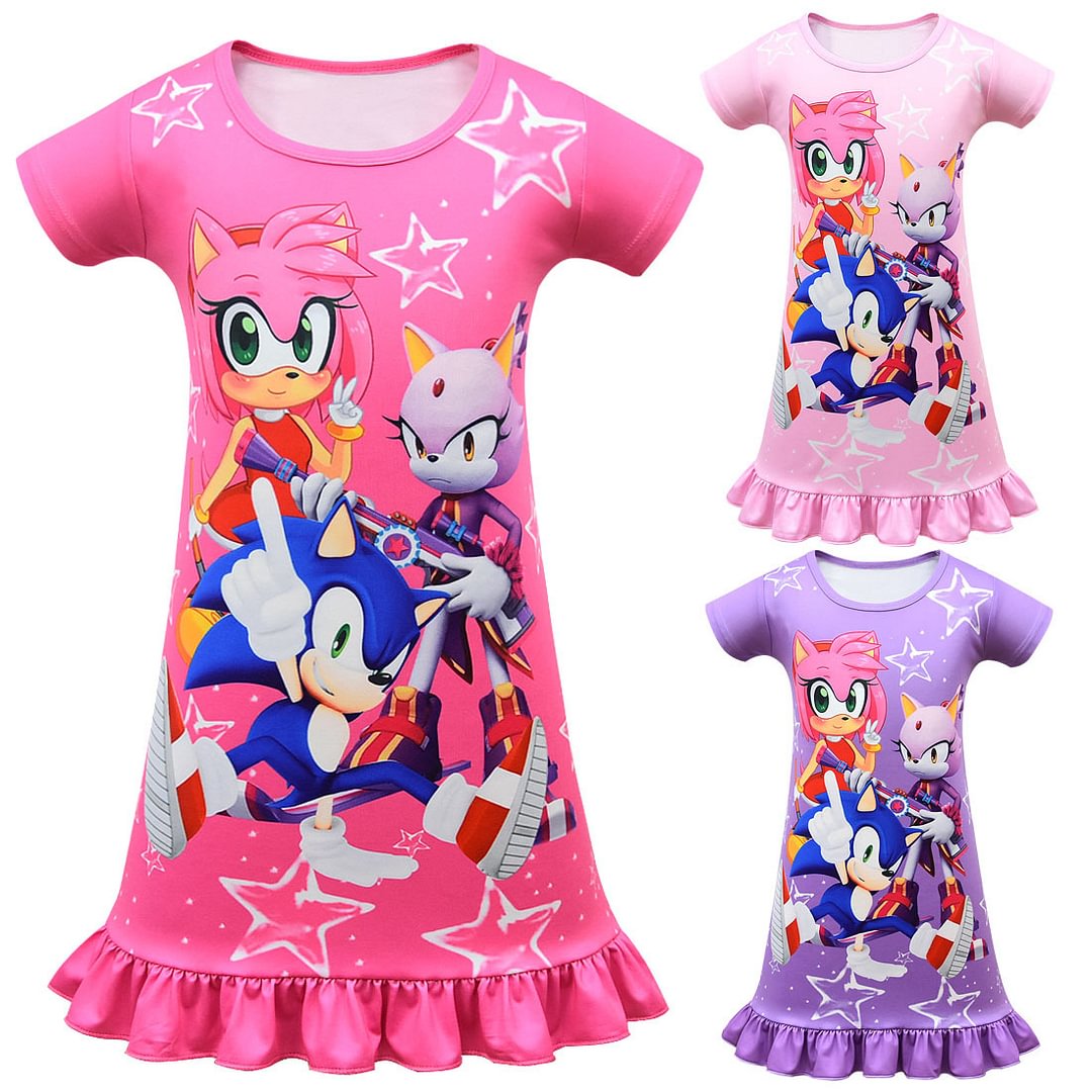 Girls Sonic the Hedgehog Printed Dresses Summer A Line Cartoon Short Sleeve Dresses For Girls-Pajamasbuy