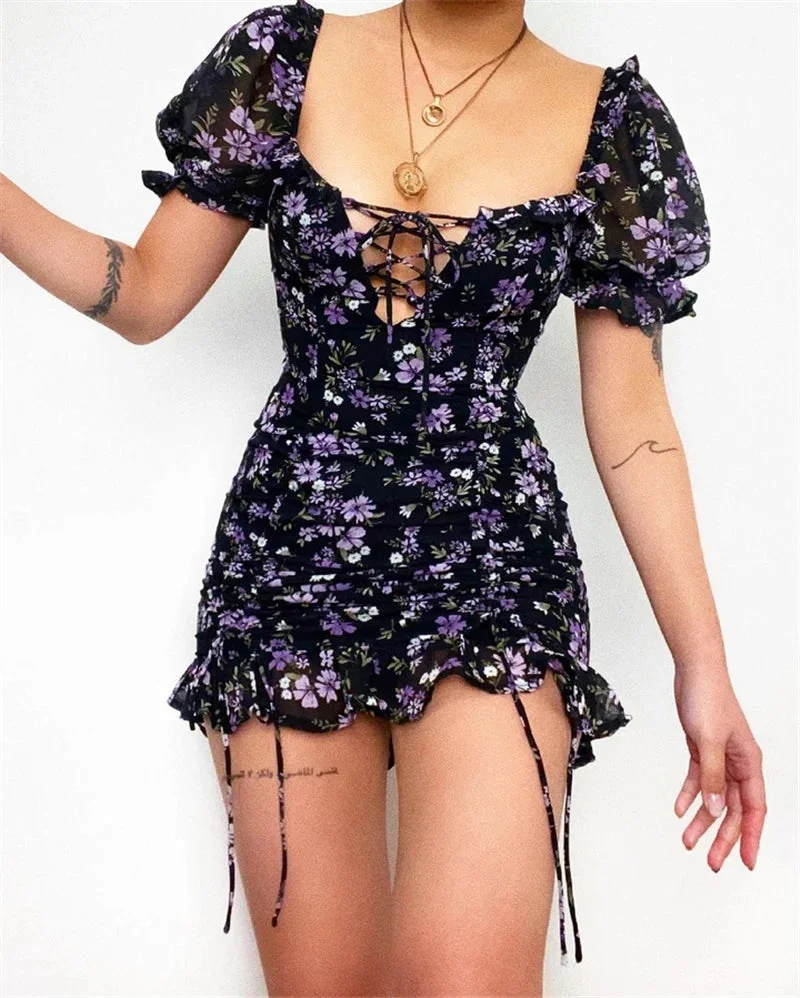 Oocharger New 2024 Vintage Floral Puff Sleeve Short Ruffles Dress Summer Women Ladies Lace-up Front Square Collar Ruched Dress