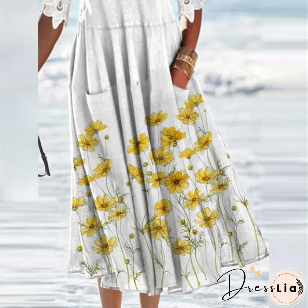 Vintage Floral Print Pocket Dress-Womens Casual Lace Patchwork Neck Hollow Lady Fashion
