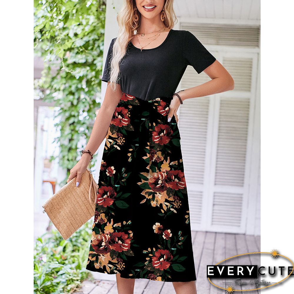 Black Red Floral Print Spliced Short Sleeve Dress