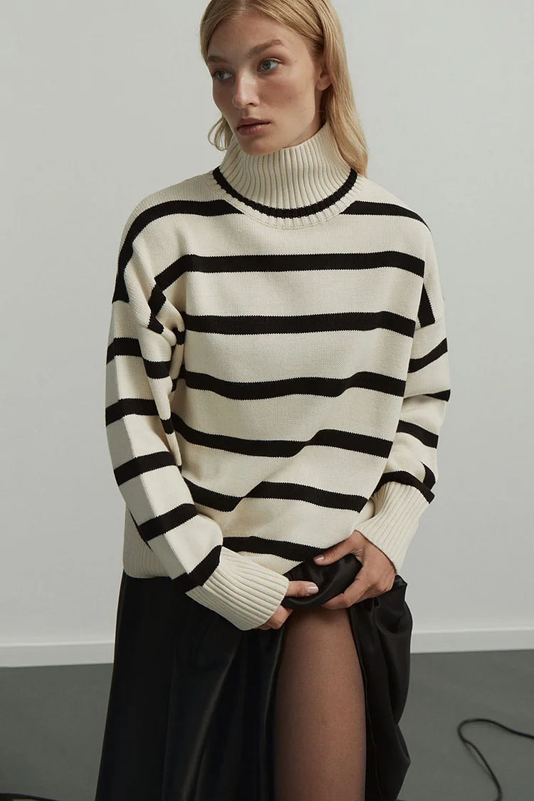 Striped Stand Collar Long Sleeve Sweater-White [Pre Order]