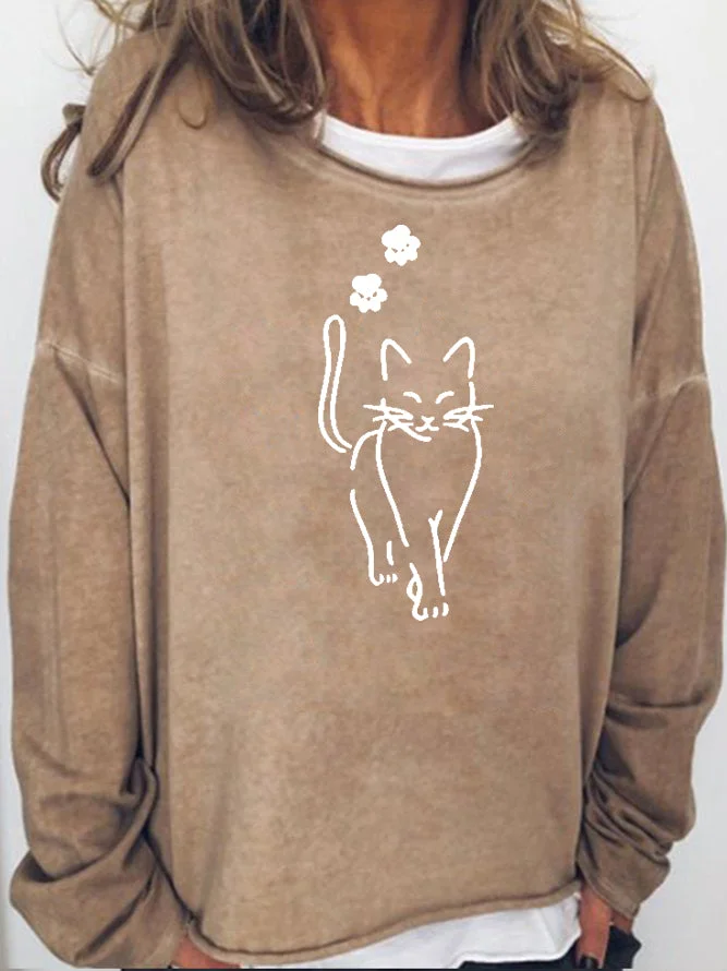 Long Sleeve Crew Neck Cat Sweatshirt