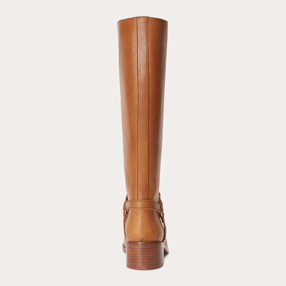 Brown Vegan Leather Round Toe Knee High Heeled Boots with Buckle