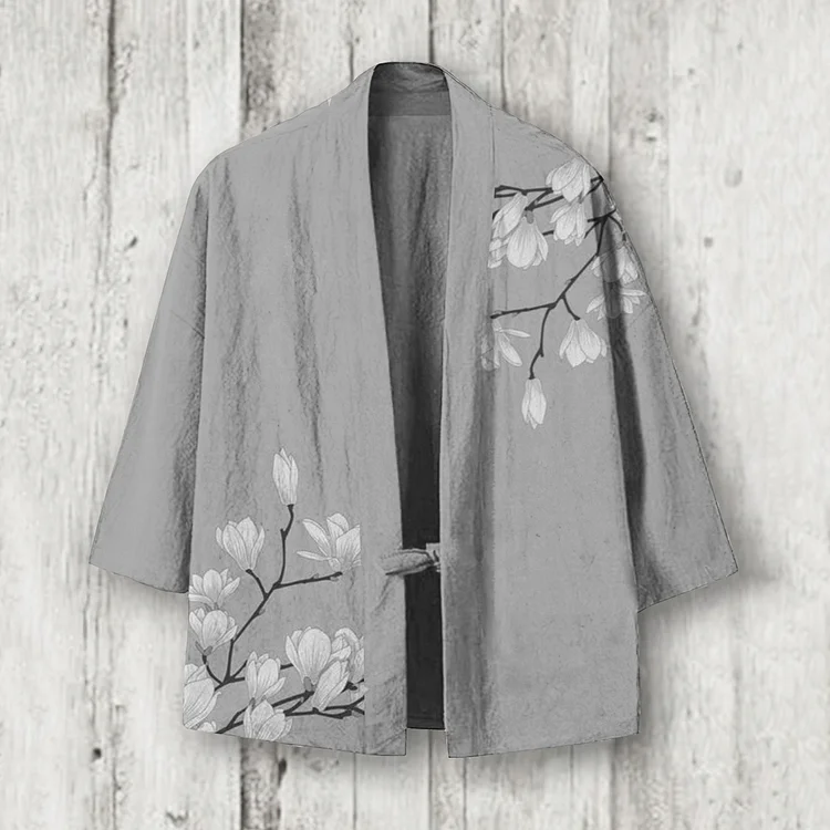 Japanese Art Floral Printed Linen Blend Kimono