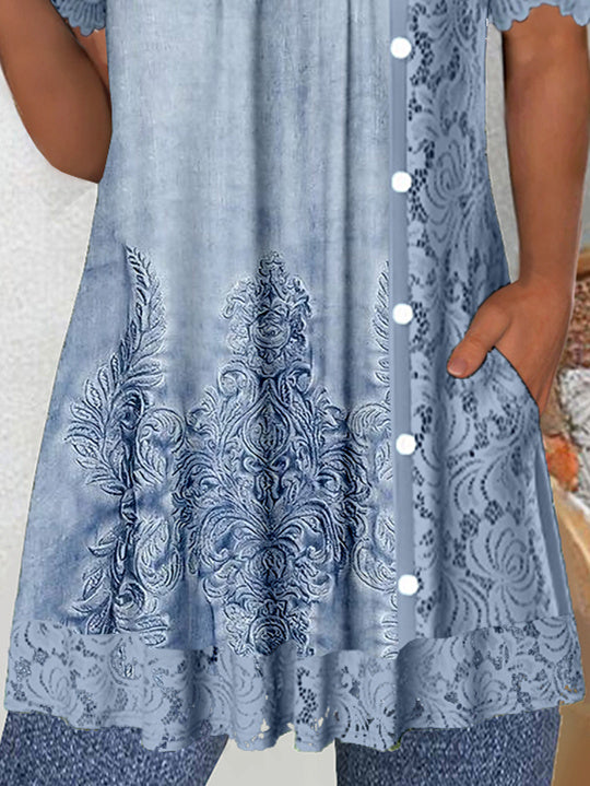 Women's Short Sleeve Scoop Neck Graphic Lace Buttons Tops