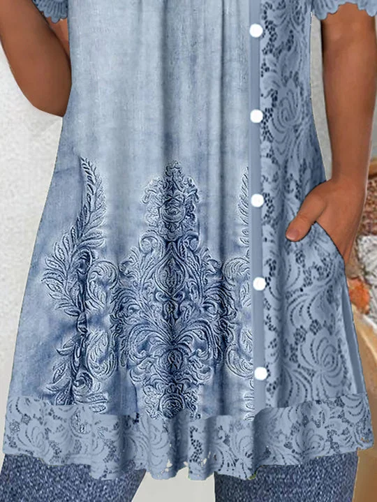 Women's Short Sleeve Scoop Neck Graphic Lace Buttons Tops