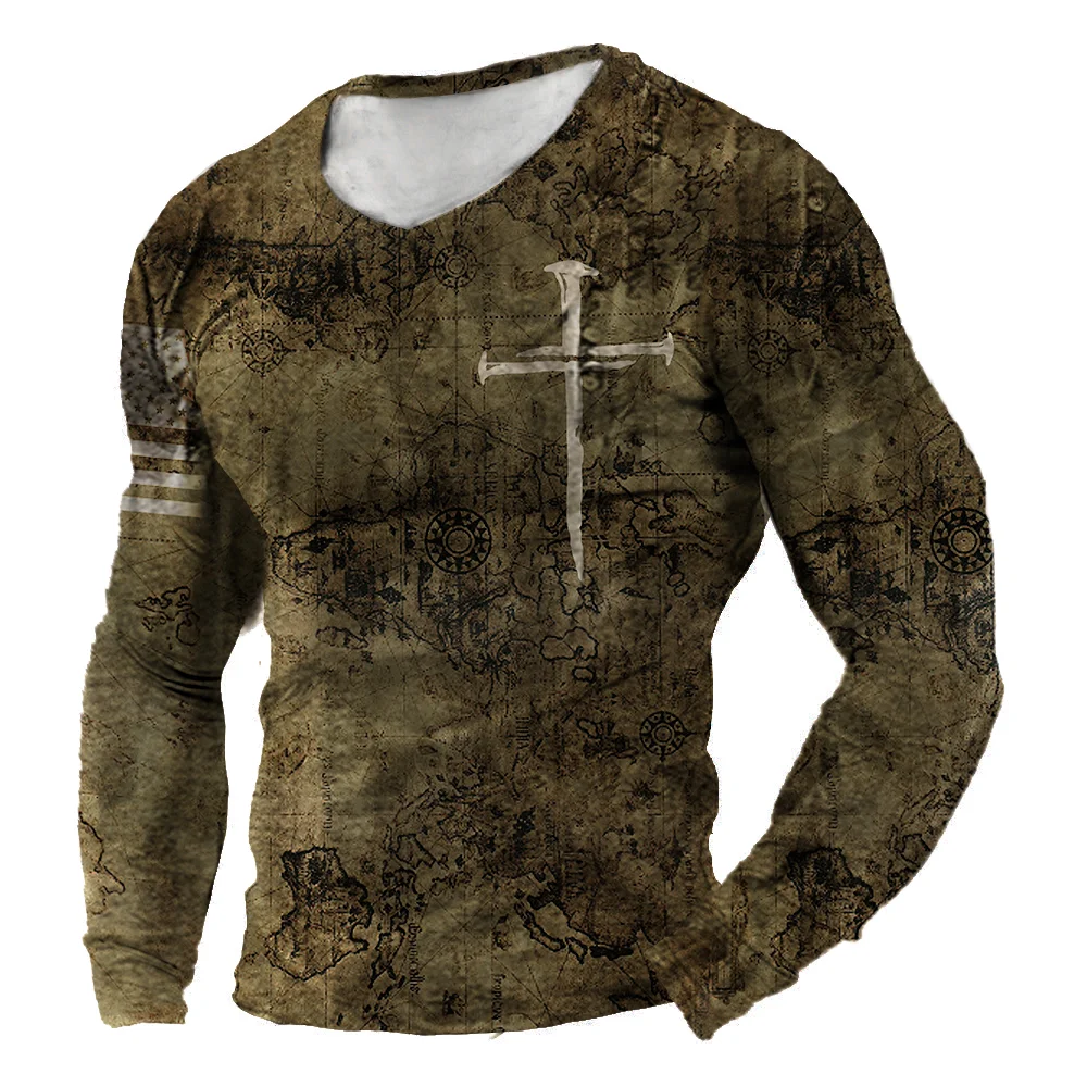 Men's outdoor map nautical printing tactical V-neck long sleeves shirt / [viawink] /