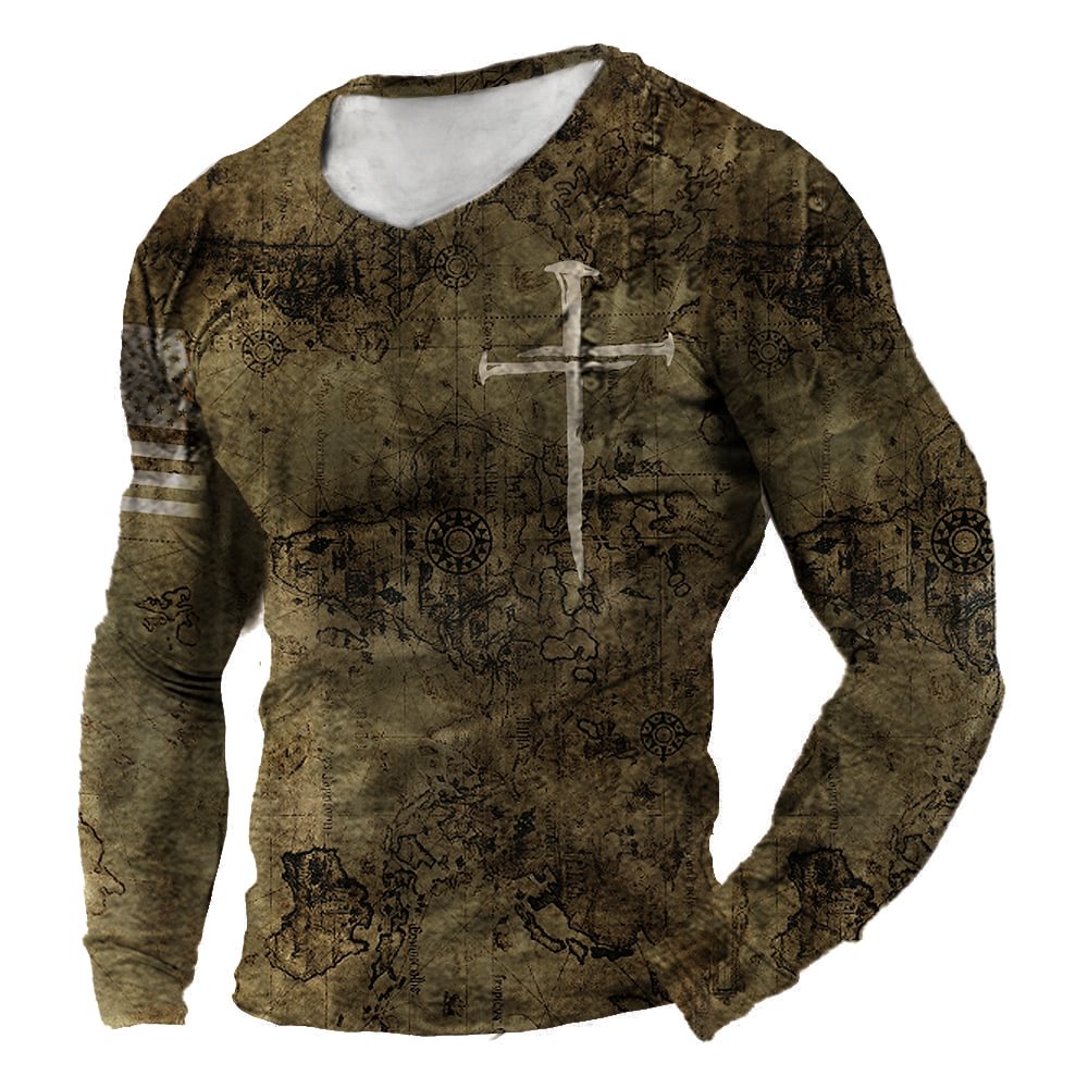 Men's outdoor map nautical printing tactical V-neck long sleeves shirt / [viawink] /
