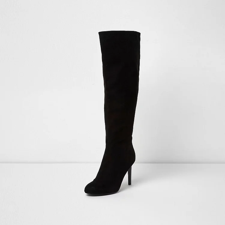Black Vegan Suede Boots Stiletto Heel Calf Length Boots |FSJ Shoes