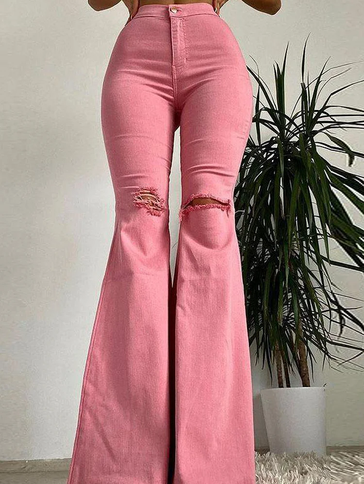 Fashion Plain Flare Leg Ripped Denim Long Pants