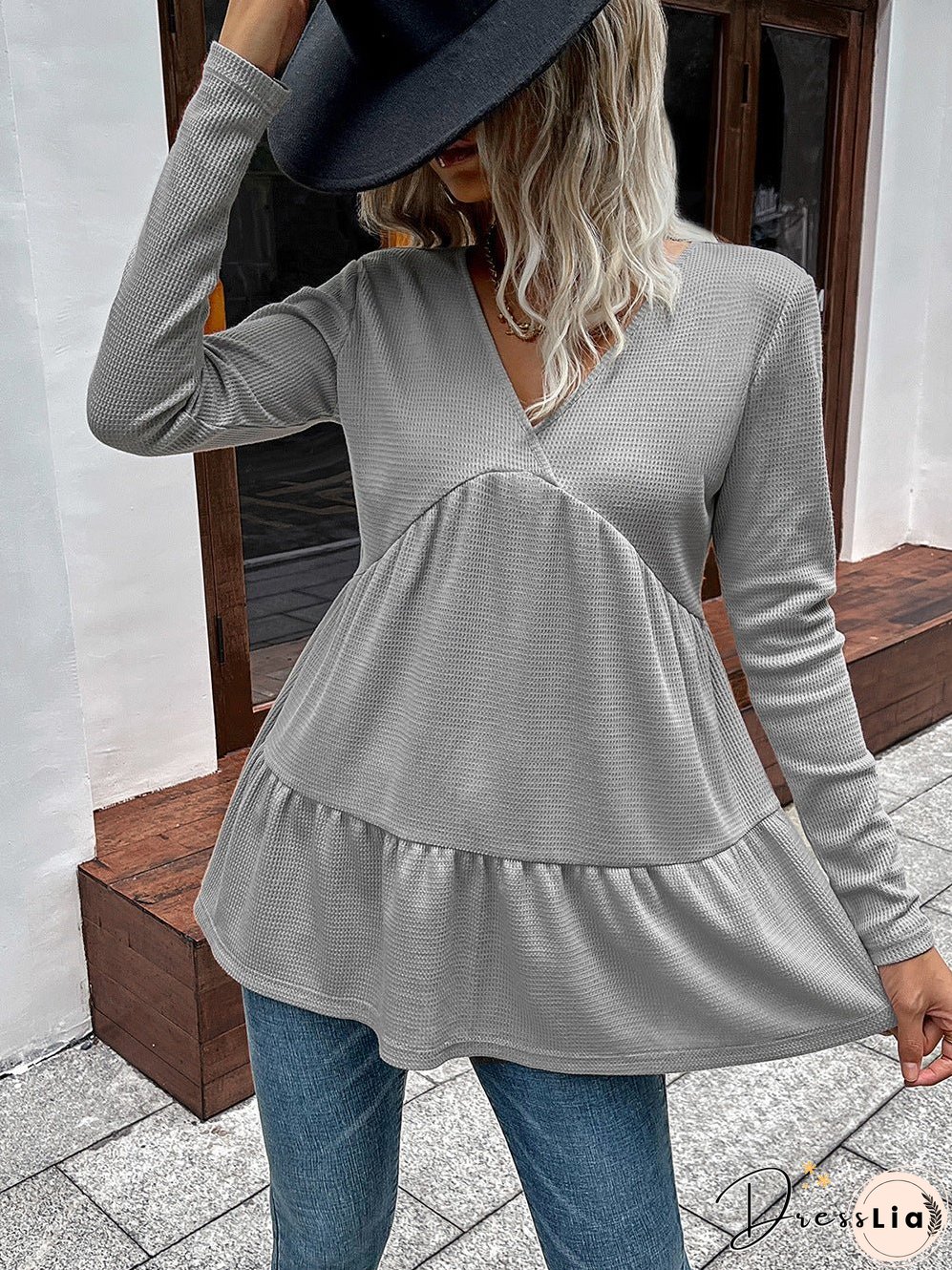 Waffle-Knit V-Neck Long Sleeve Blouse