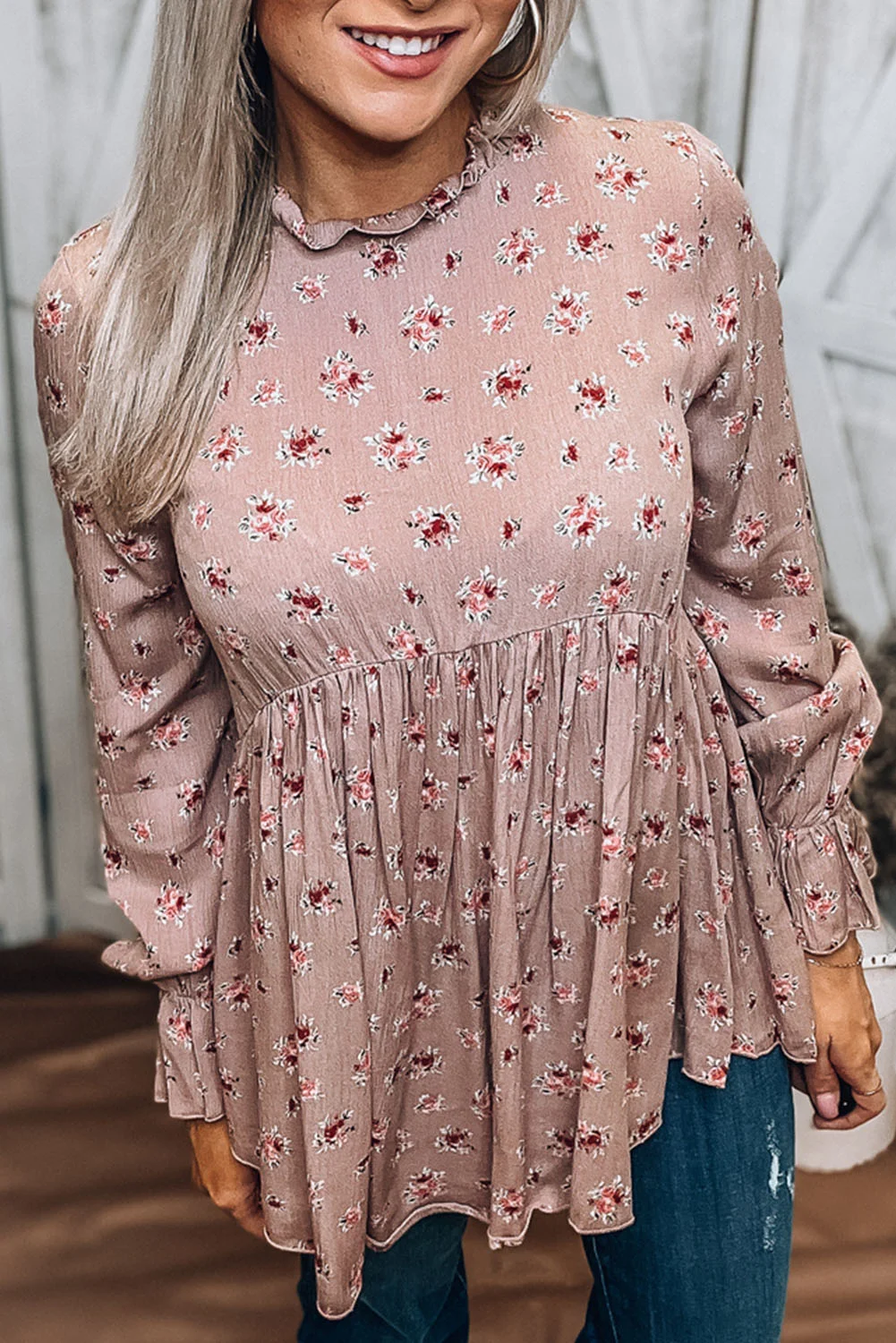 Pink Floral Print Frilled Neck Babydoll Blouse | IFYHOME