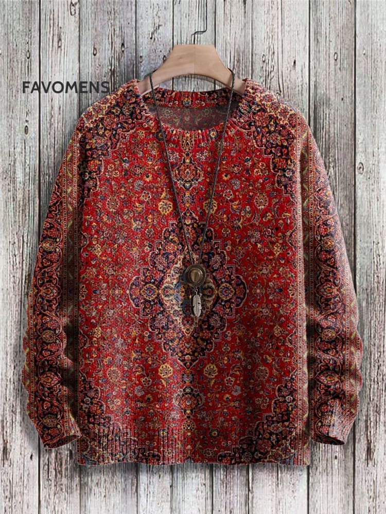 Vintage Retro Ethic Art Print Knit Pullover Sweater Multicolor / S