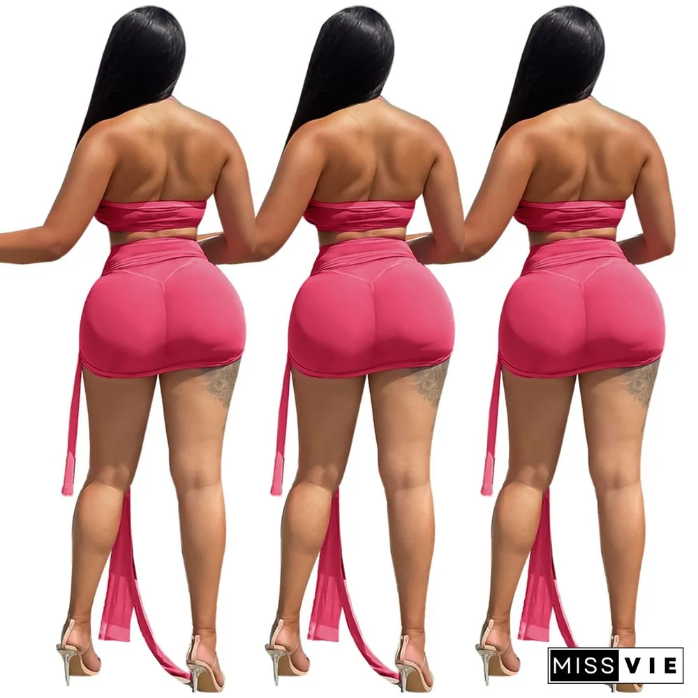 Mesh Sheer Halter Crop Top and Mini Skirt Suits