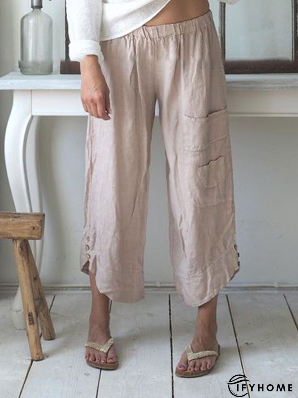 Pockets Buttoned Elastic Waist Stylish Casual Capri Pants | IFYHOME