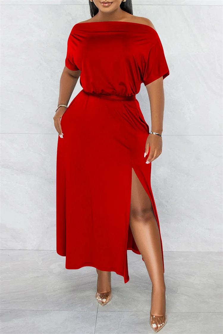Red Fashion Casual Solid Patchwork Slit Off the Shoulder Short Sleeve Dress