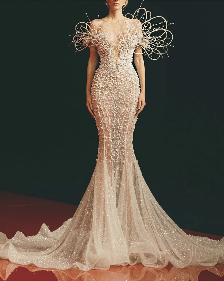 Women's Off-the-shoulder Mesh Pearl Embroidery Dress