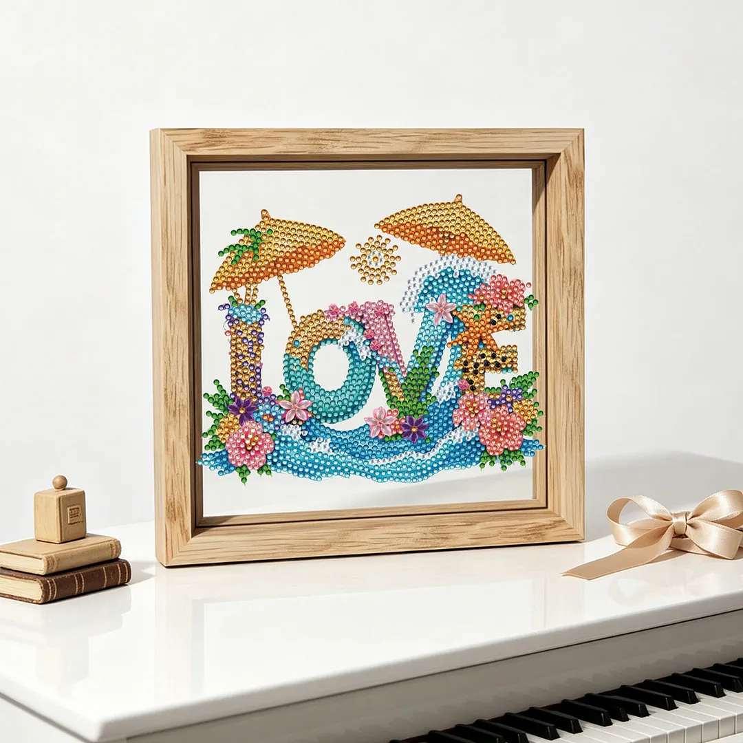 Beach Love DIY Special Shaped Drill Wooden Diamond Painting Tabletop Ornaments Kit with Photo Frame Desktop Diamond Art Kits Double-Sided Pattern for Adults/Beginners Home Decor