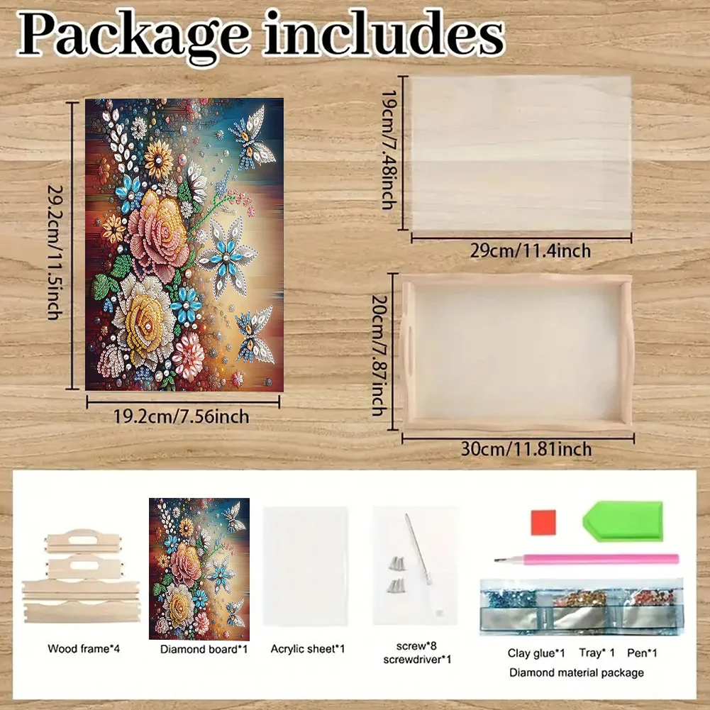 5D DIY Flower Butterfly Diamond Painting Wooden Serving Tray with Handle for Desk