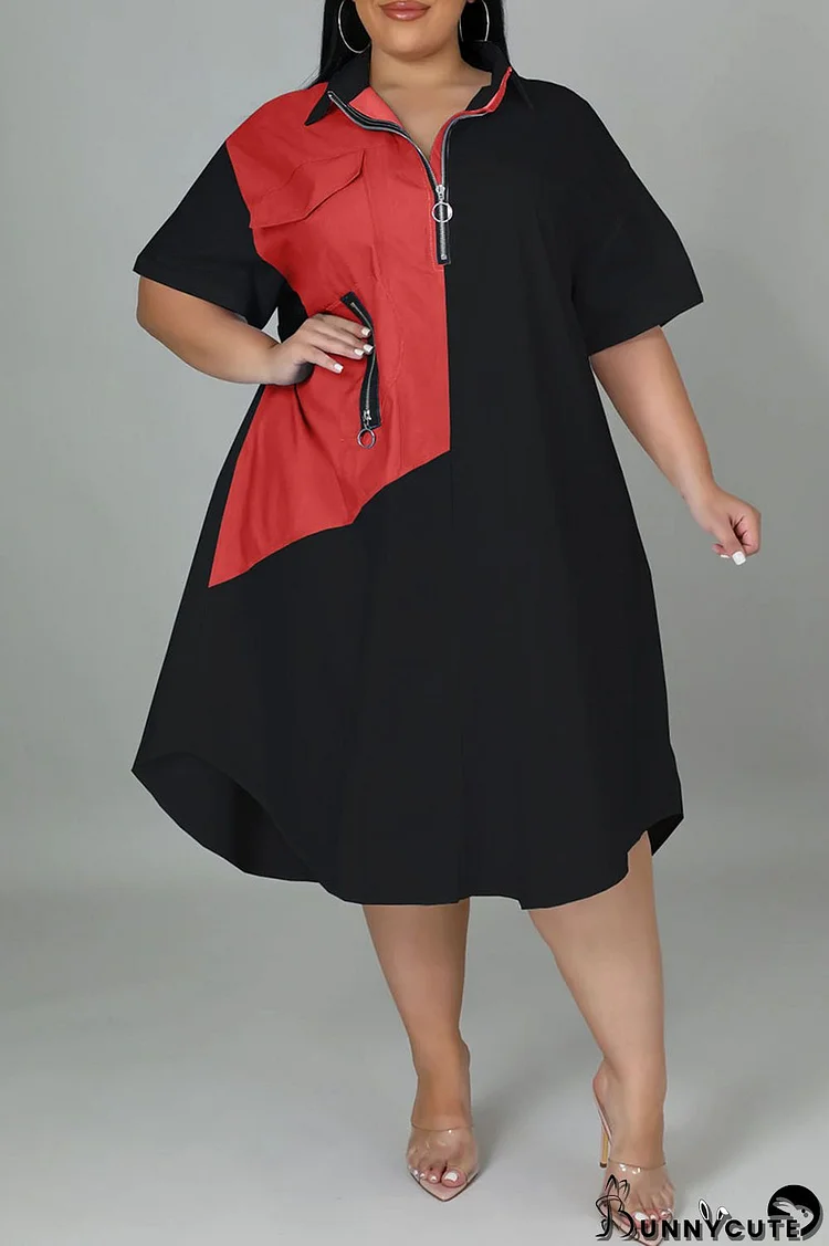 Black Casual Solid Patchwork Zipper Collar Straight Plus Size Dresses