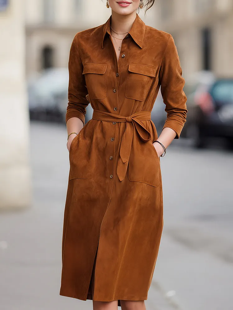 Faux Suede Button-Down Shirt Dress
