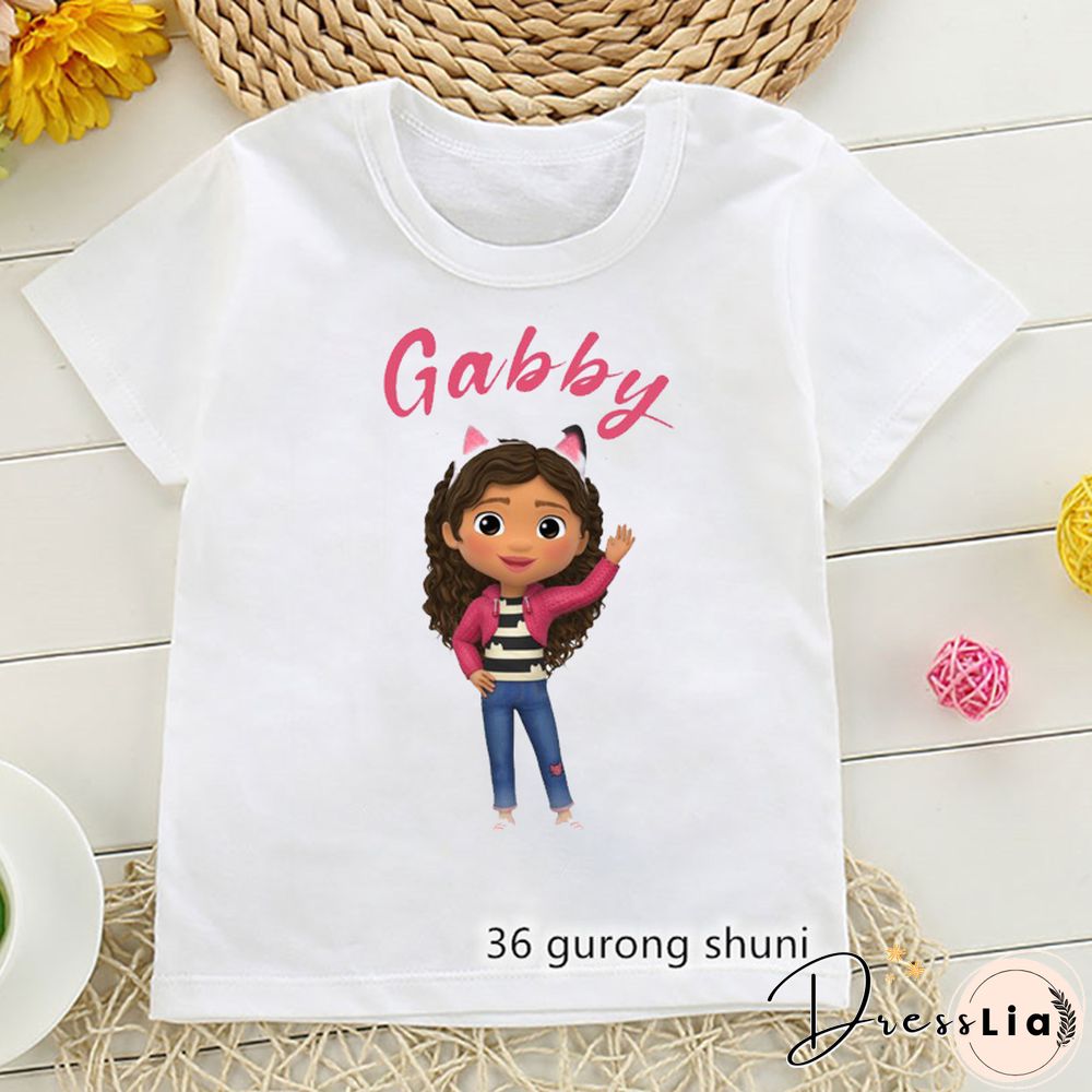 Kawaii Girls T Shirts Gabbys Doll House Cartoon Print Childrens Tshirt Summer Tee Girls Clothes White Camisole Tops