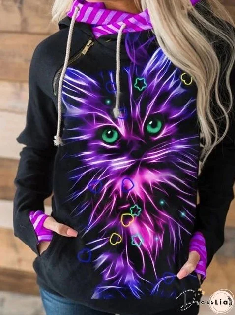 Women's Hoodies Cat Print Zip Pocket Long Sleeve Hoodie