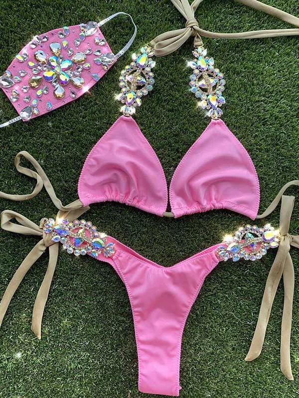  Embellished Gorgeous Bandage Triangles Split Bikini Swimsuit