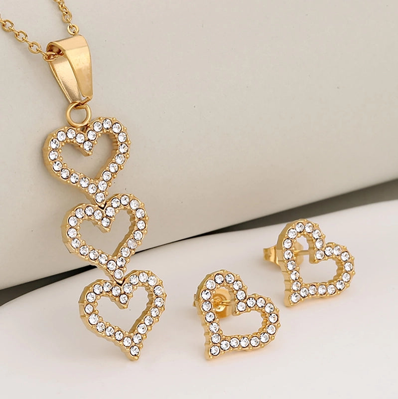 Luxurious Shiny Korean Style Circle Heart Shape 304 Stainless Steel Rhinestones 18K Gold Plated Polishing Plating Inlay Jewelry Set